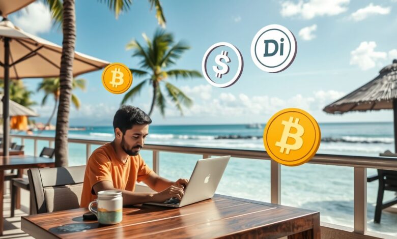 Stablecoins para Nômades: Como Usar Legalmente - Web Nômade Digital Nômade digital usando stablecoins em laptop à beira-mar