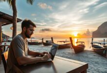 Nômade digital trabalhando no laptop na praia tailandesa
