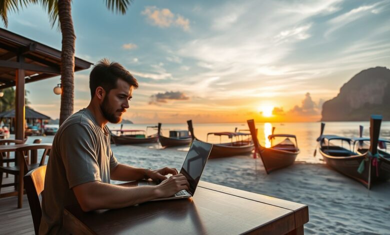 Tailândia para Nômades Digitais em 2025: Visto SMART, Cidades Ideais e Dicas Essenciais - Web Nômade Digital Nômade digital trabalhando no laptop na praia tailandesa