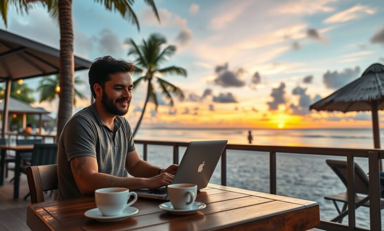 Temporada Ideal para Nômades em 2025: Guia Completo para Escolher os Melhores Destinos - Web Nômade Digital Nômade digital trabalhando à beira-mar