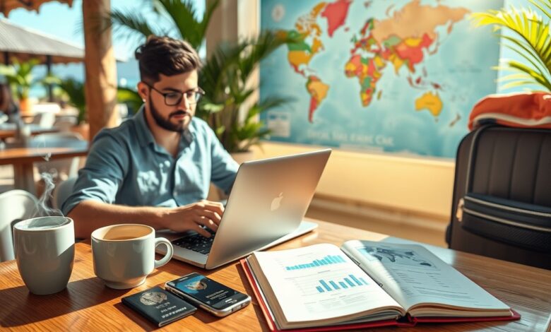 Top Apps para Nômades Digitais em 2025: Ferramentas Essenciais para Trabalho Remoto - Web Nômade Digital Nômade digital usando apps no laptop e smartphone