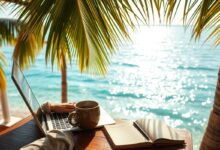 Nômade digital trabalhando remotamente em praia paradisíaca
