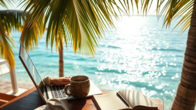 Nômade digital trabalhando remotamente em praia paradisíaca