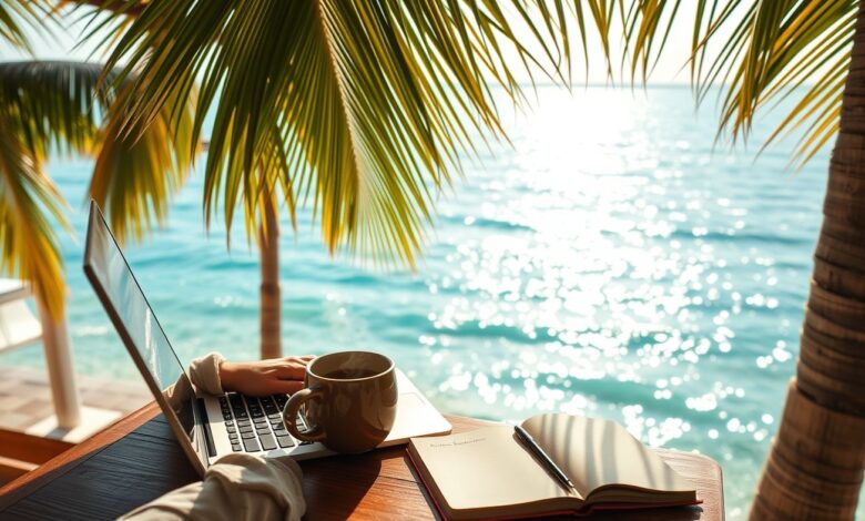 Como Trabalhar e Explorar ao Mesmo Tempo: Dicas Práticas para Nômades Digitais - Web Nômade Digital Nômade digital trabalhando remotamente em praia paradisíaca