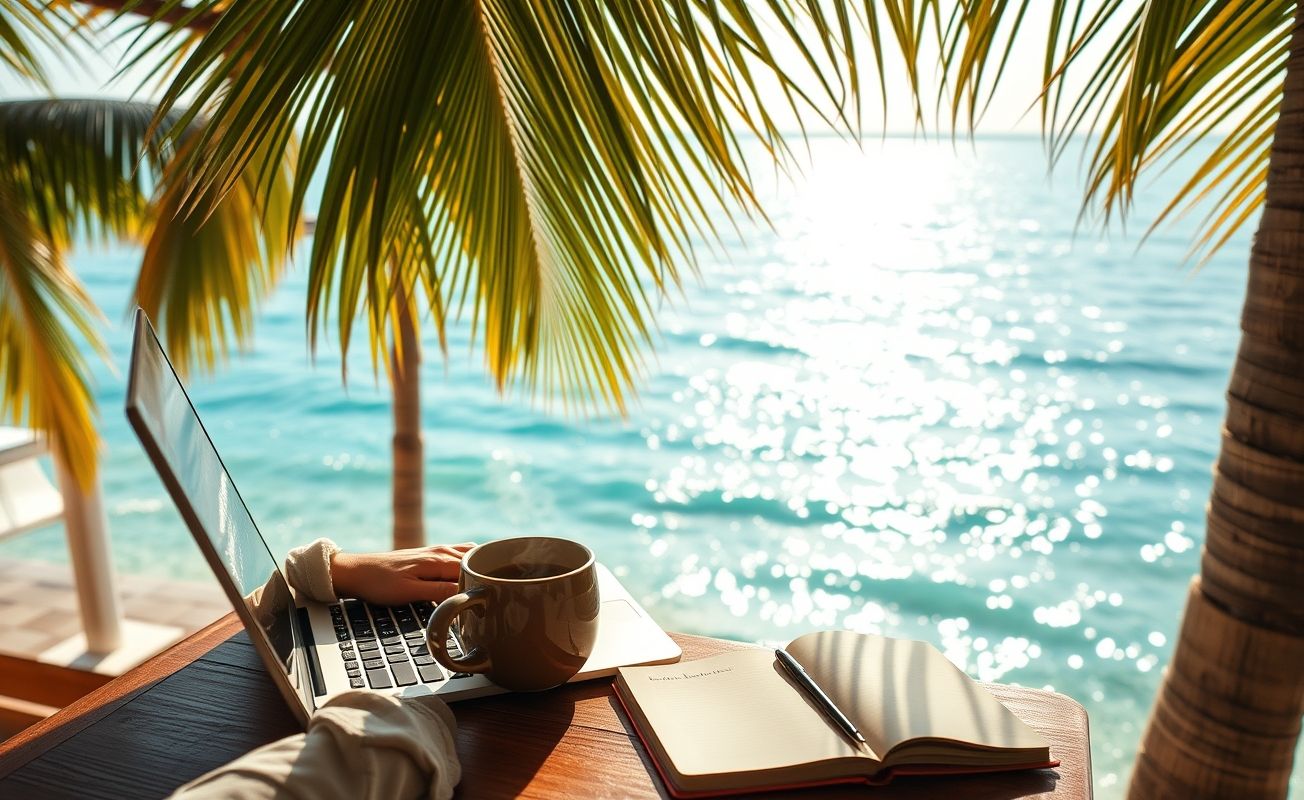 Nômade digital trabalhando remotamente em praia paradisíaca