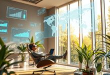 Escritório remoto futurista com tecnologia avançada para trabalho digital