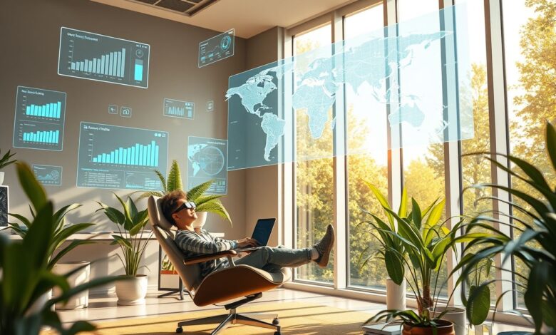 Trabalho Remoto 2025: O Futuro do Emprego Digital e Como Se Preparar - Web Nômade Digital Escritório remoto futurista com tecnologia avançada para trabalho digital