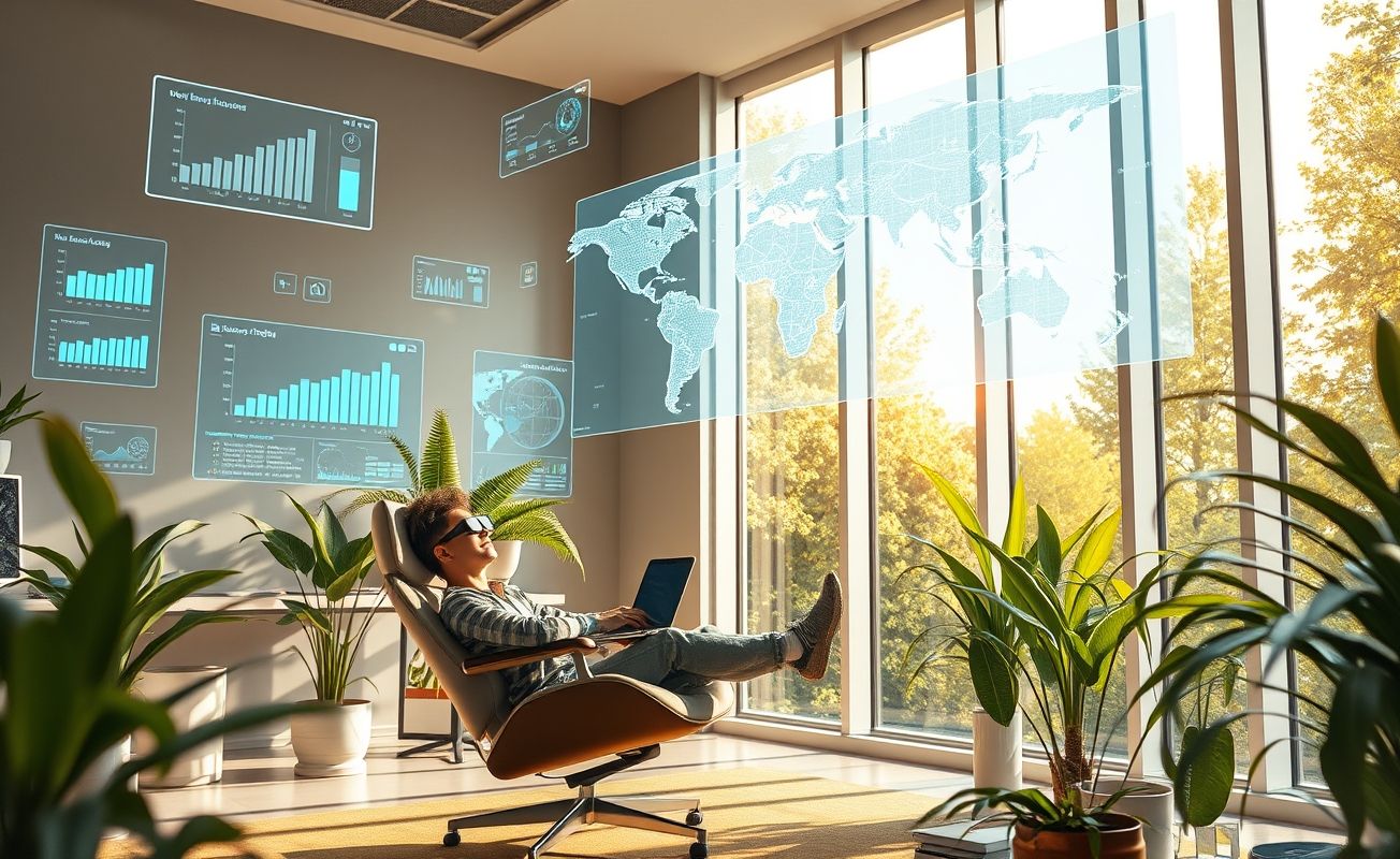 Escritório remoto futurista com tecnologia avançada para trabalho digital