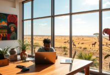 Nômade digital trabalhando remotamente na África