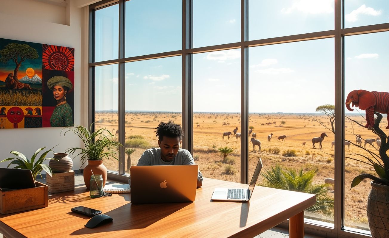 Nômade digital trabalhando remotamente na África