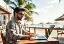 Nômade digital trabalhando em laptop em praia tropical