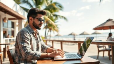 Nômade digital trabalhando em laptop em praia tropical