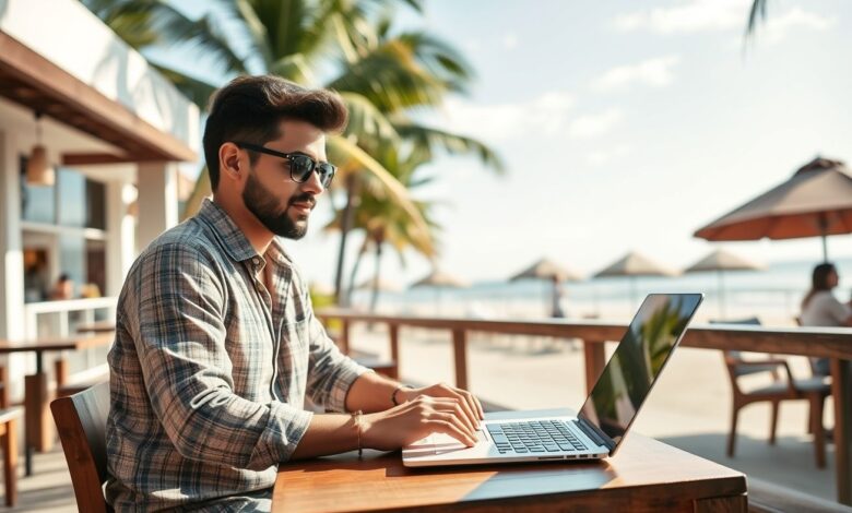 A Nova Era do Trabalho Remoto: Dicas para Adaptar-se ao Estilo Nômade - Web Nômade Digital Nômade digital trabalhando em laptop em praia tropical