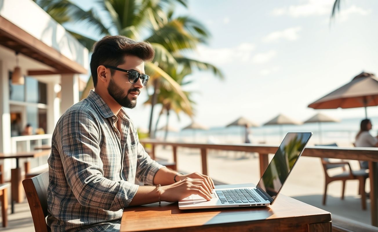 Nômade digital trabalhando em laptop em praia tropical