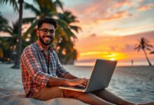 Nômade digital trabalhando remotamente na praia