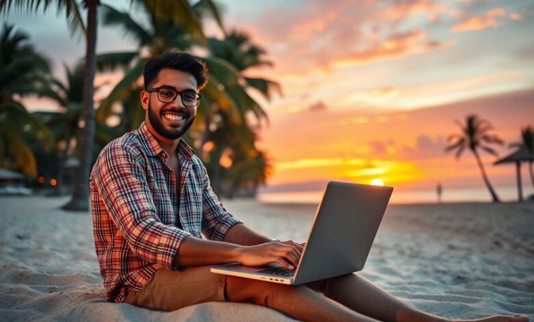 Nômade digital trabalhando remotamente na praia