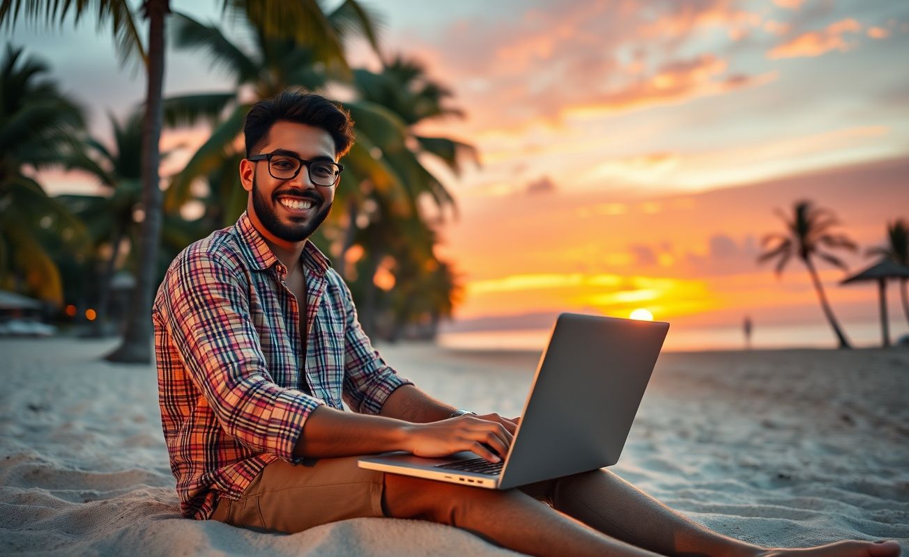 Nômade digital trabalhando remotamente na praia