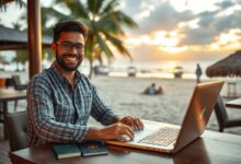 Nômade digital trabalhando remotamente em local paradisíaco