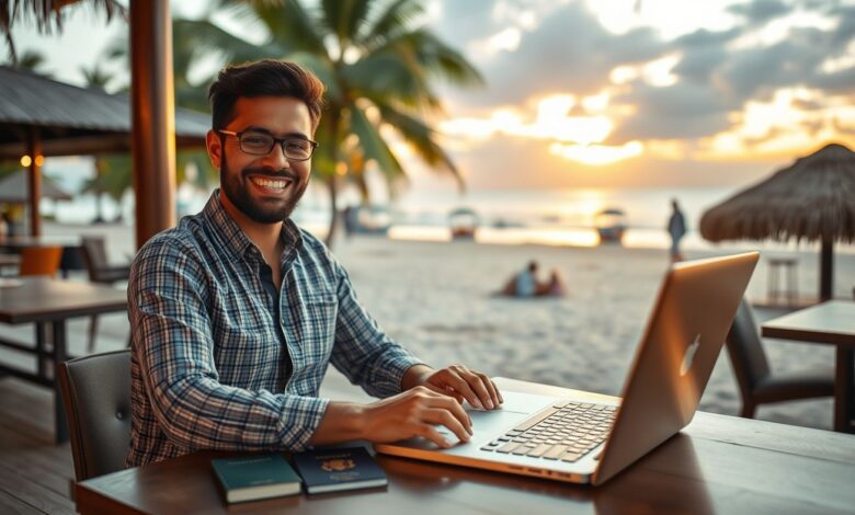 Trabalhos Remotos Internacionais: Como Ganhar em Moeda Forte de Qualquer Lugar - Web Nômade Digital Nômade digital trabalhando remotamente em local paradisíaco