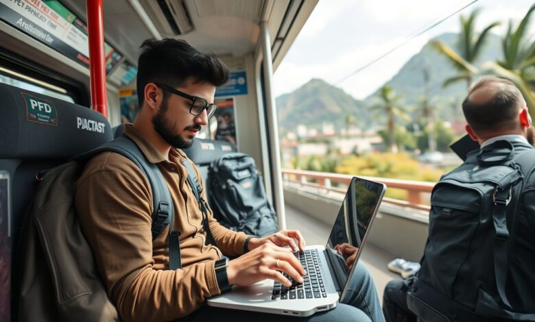 Transporte Nômades: Guia Completo para se Locomover pelo Mundo - Web Nômade Digital Nômade digital trabalhando no transporte público