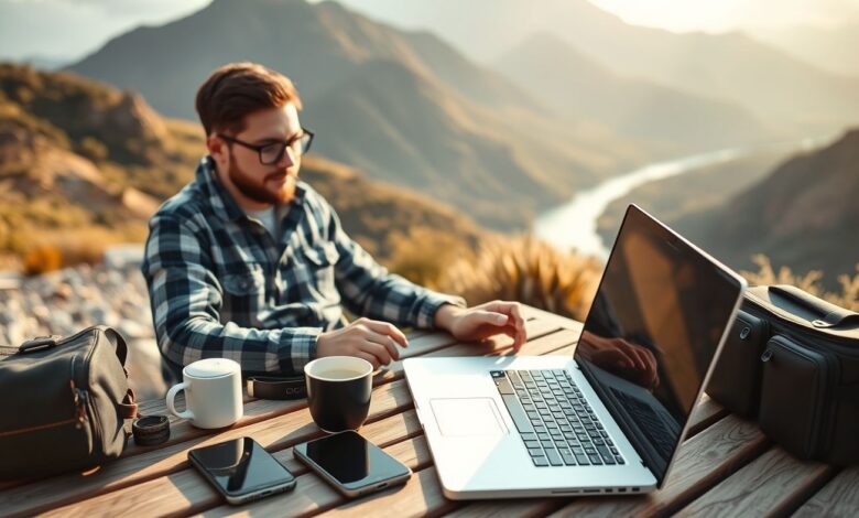 Viagem Digital: Como Trabalhar Remotamente com Produtividade e Conectividade - Web Nômade Digital Nômade digital trabalhando remotamente durante viagem