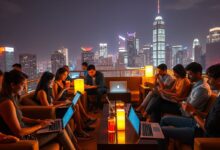 Nômades digitais trabalhando em bar noturno