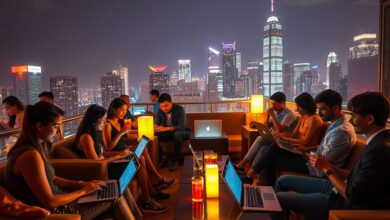Nômades digitais trabalhando em bar noturno