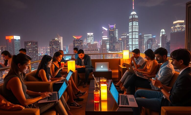 Vida Noturna para Nômades Digitais: Como Conciliar Trabalho e Diversão pelo Mundo - Web Nômade Digital Nômades digitais trabalhando em bar noturno