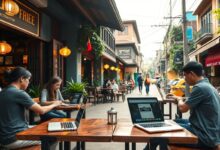 Nômades digitais trabalhando em café no Vietnã