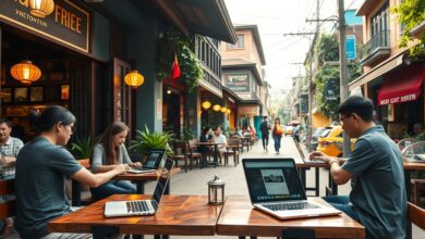Nômades digitais trabalhando em café no Vietnã