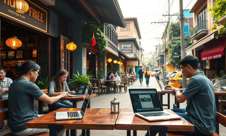 Nômades digitais trabalhando em café no Vietnã