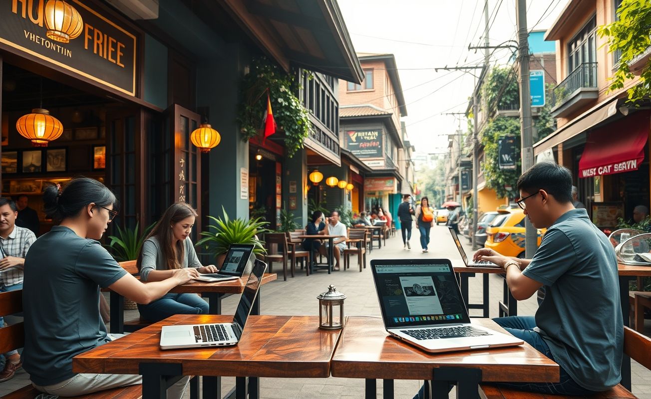 Nômades digitais trabalhando em café no Vietnã