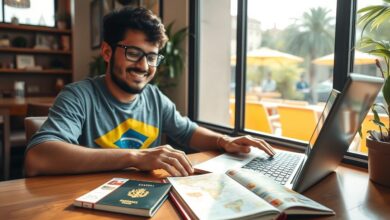 Nômade digital trabalhando com passaporte brasileiro e documentos de viagem