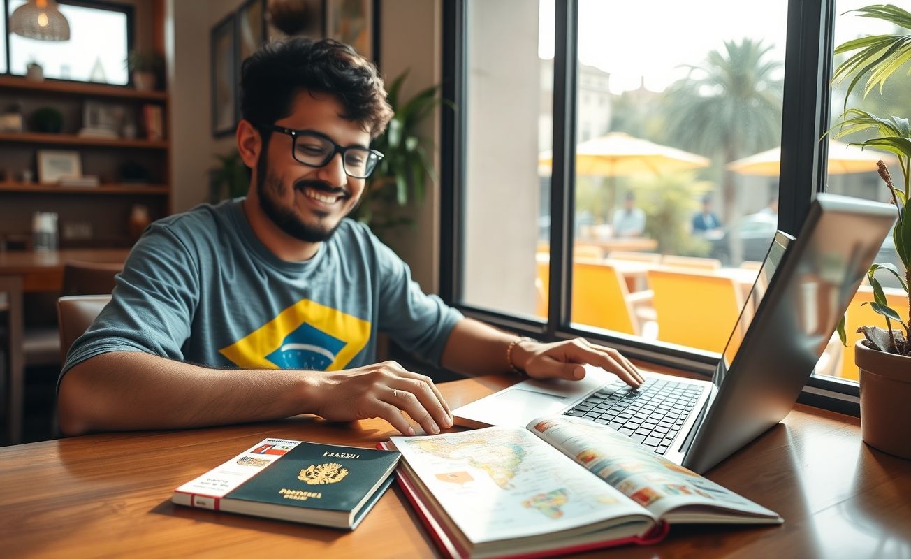 Nômade digital trabalhando com passaporte brasileiro e documentos de viagem