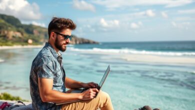 Nômade digital trabalhando em praia paradisíaca