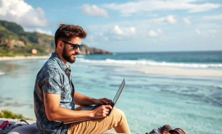 Visto de Nômade Digital em 2025: Guia Completo para Trabalhar pelo Mundo - Web Nômade Digital Nômade digital trabalhando em praia paradisíaca
