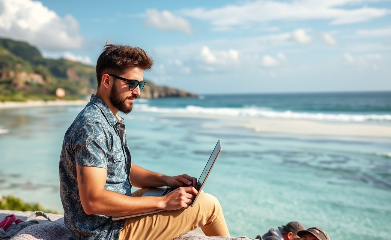 Nômade digital trabalhando em praia paradisíaca