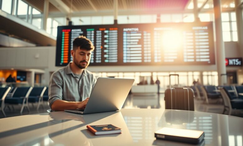 Voos Nômades Digitais: Como Viajar pelo Mundo com Passagens Baratas e Conexões Eficientes - Web Nômade Digital Nômade digital trabalhando no aeroporto