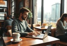 Nômade digital trabalhando remotamente em café com wi-fi gratuito