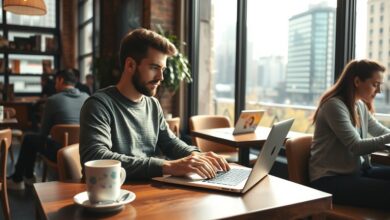 Nômade digital trabalhando remotamente em café com wi-fi gratuito