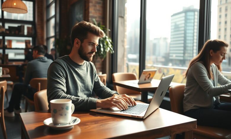 Wi-Fi Grátis para Nômades Digitais: Onde Encontrar Conexão de Qualidade pelo Mundo - Web Nômade Digital Nômade digital trabalhando remotamente em café com wi-fi gratuito