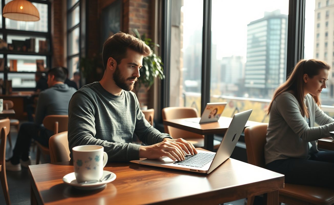 Nômade digital trabalhando remotamente em café com wi-fi gratuito