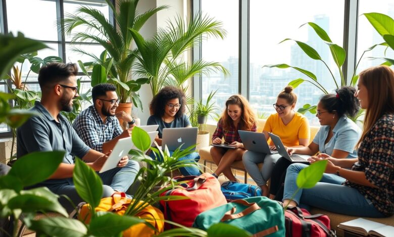 Amizades Nômades: Como Construir Laços em um Estilo de Vida Sem Fronteiras - Web Nômade Digital Nômades digitais socializando em espaço de trabalho compartilhado
