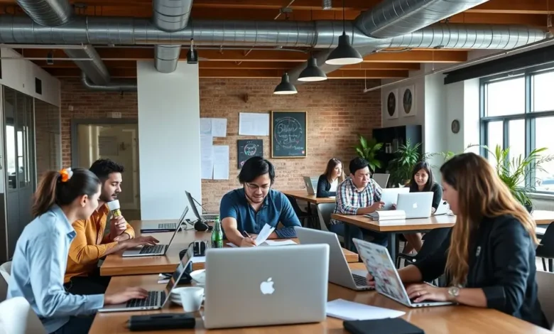 Empreendedores digitais trabalhando juntos em um ambiente colaborativo.