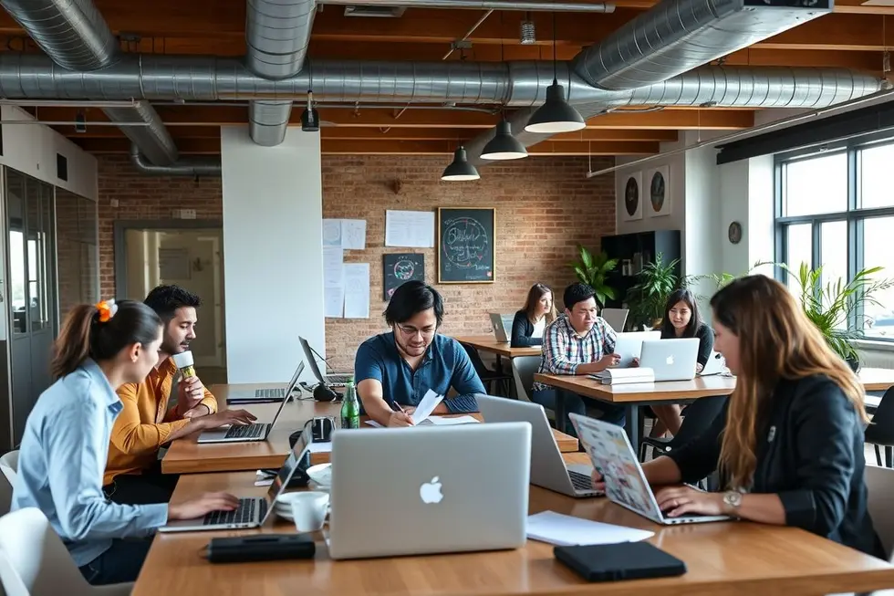 Empreendedores digitais trabalhando juntos em um ambiente colaborativo.