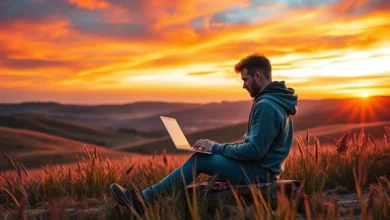 Um nômade digital trabalhando ao pôr do sol em um local idílico.