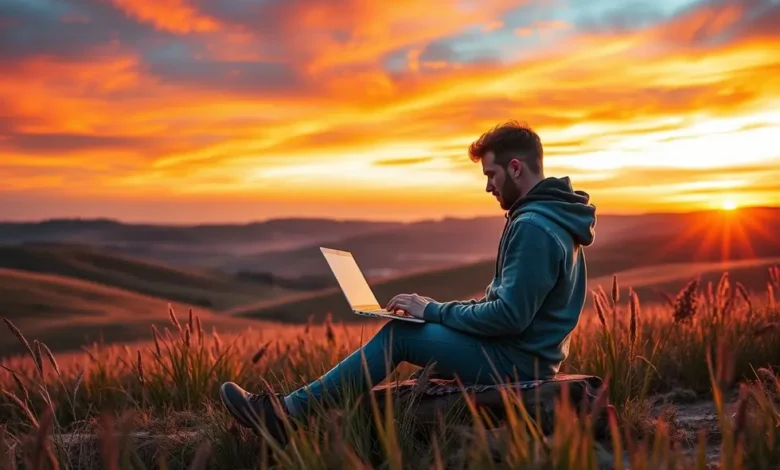 7 Estratexias Para Aumentar a Lucratividade e Viver como Nômade Digital - Web Nômade Digital Um nômade digital trabalhando ao pôr do sol em um local idílico.