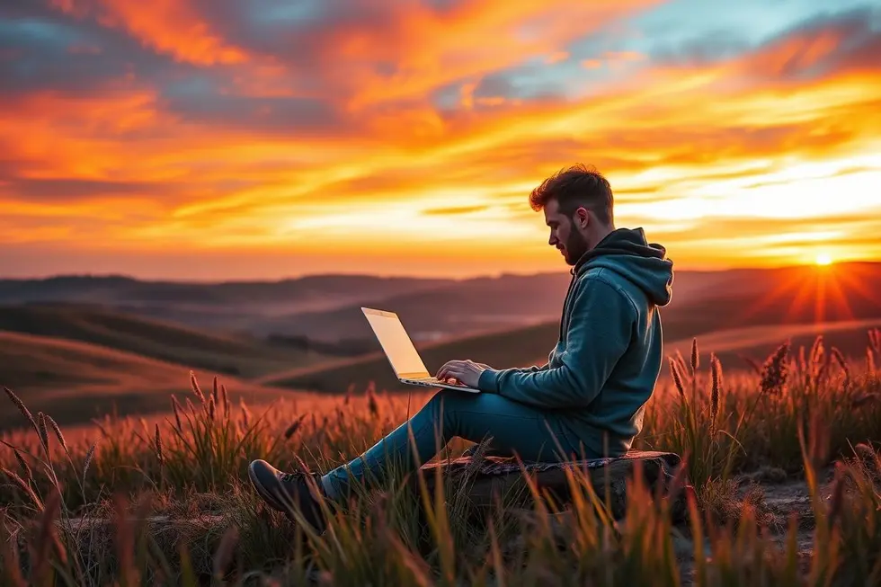 Um nômade digital trabalhando ao pôr do sol em um local idílico.