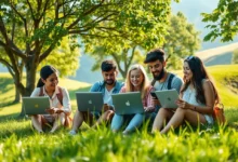 Grupo diverso de nômades digitais colaborando em um ambiente natural.