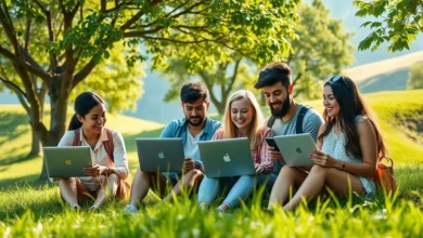 Grupo diverso de nômades digitais colaborando em um ambiente natural.